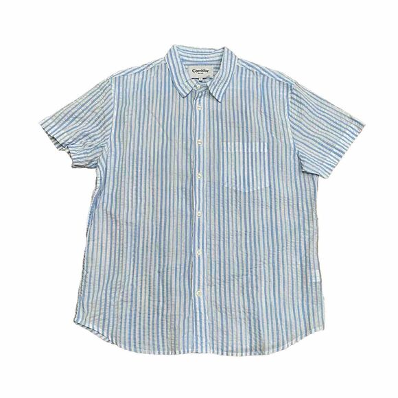 Huckberry Corridor New York Striped Seersucker Shirt Size Large L Short Sleeve